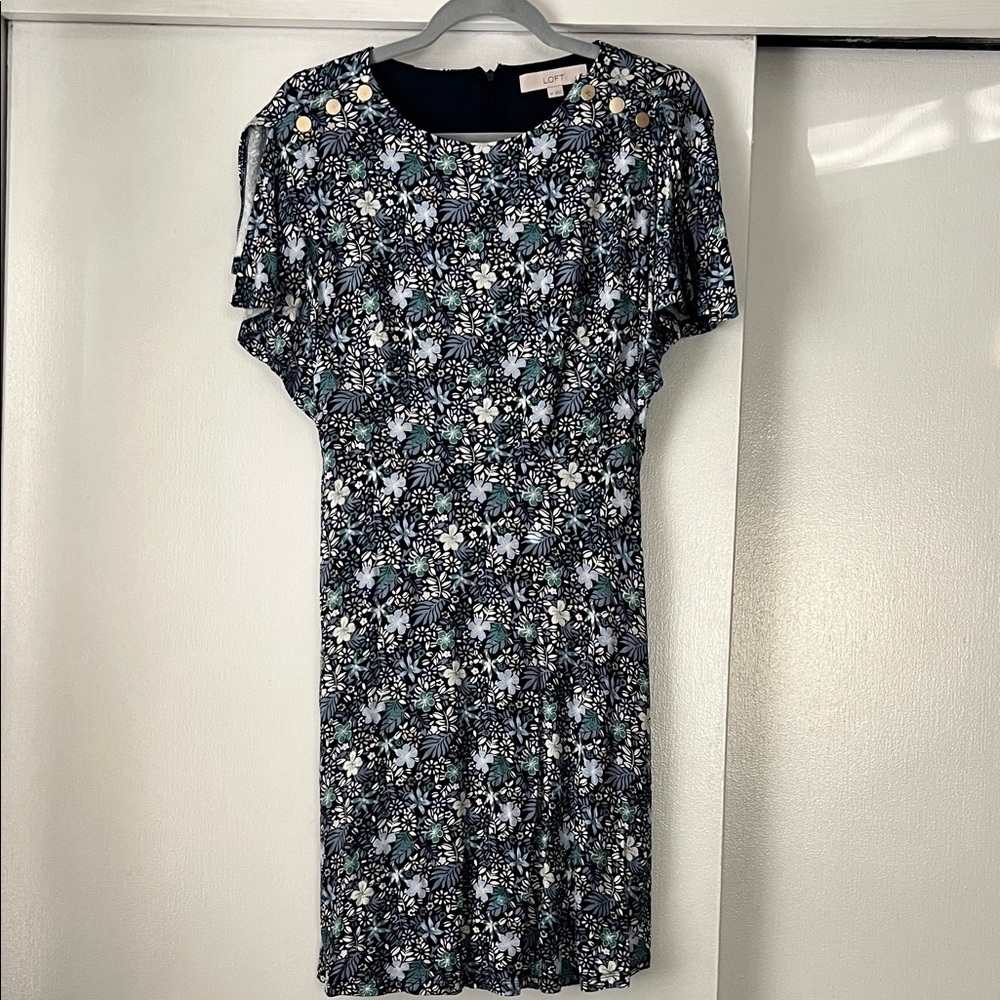 LOFT Navy Floral Dress with Button Accents